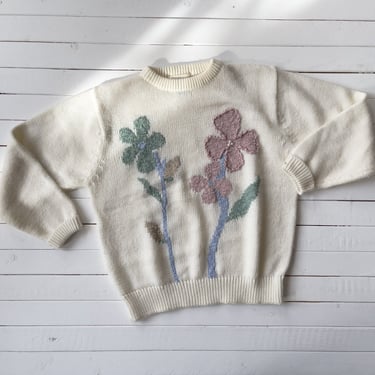white floral sweater 80s 90s vintage cream embroidered sweater 