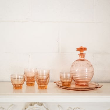 vintage french etched pink glass decanter set