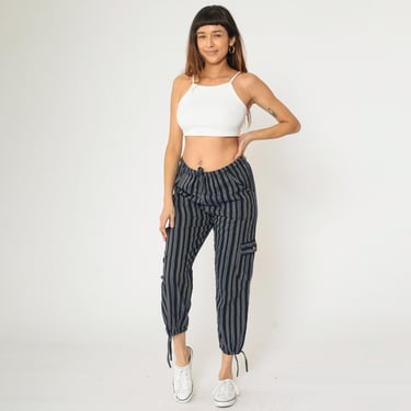 Ecuadorian Striped Pants Hippie Cropped Trousers Navy Blue Cargo Pocket Baggy Bohemian Elastic Drawstring Waist Boho Extra Small xs Petite 