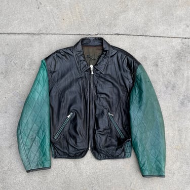 Vintage 90s Men's Massimo Gori Black & Green Leather Bomber Jacket. Size Large 