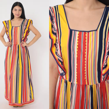 70s Striped Maxi Dress Ruffled Flutter Sleeve Boho Hippie Bohemian 1970s High Waist Vintage Primary Color Red Yellow Retro Small Medium 