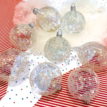 VINTAGE: 8pcs - Hand Blown Indent Glass Ornaments - Clear Aurora Glittered Ornaments - Christmas 