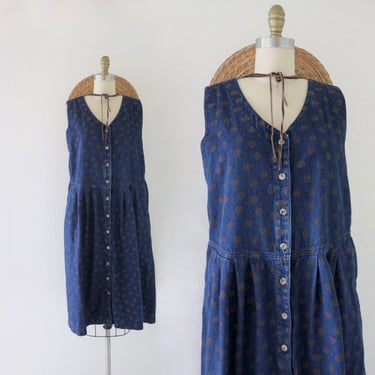 denim jumper dress - m - vintage blue jean floral cute cottage cottagecore size medium womens 90s y2k midi casual comfortable 