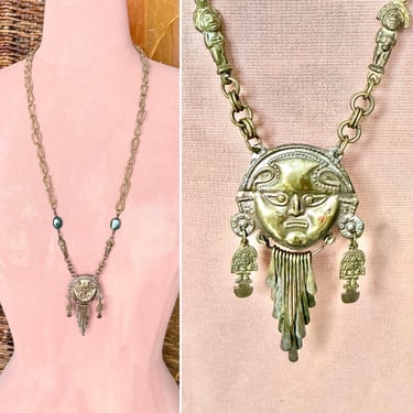 Statement Necklace, Incan, Long Necklace, Mixed Metals, Large Fringe Pendant, Malachite, Boho Bohemian, Vintage Peru 
