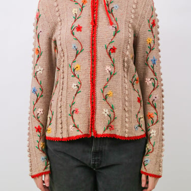 1930s Fronzip Floral Embroidered Knit Wool Cardigan