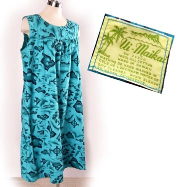 60's Teal Blue HAWAIIAN Dress Vintage Cotton Shift Ui-Maikai Dress Hawaii size Medium 1960's, 1950's 