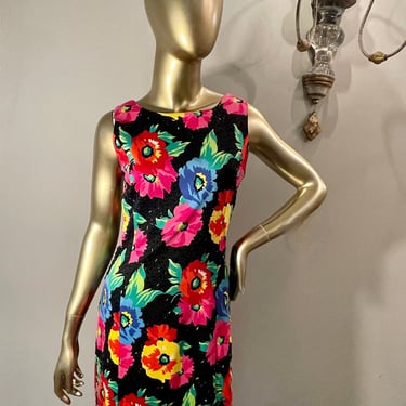 1990s Adrienne Vittadini Floral Dress with Beading 