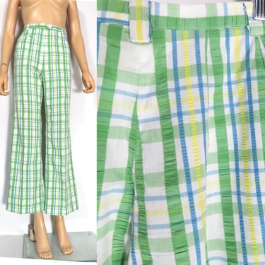 Vintage 60s/70s Spring Plaid Seersucker Flare Leg Bell Bottom Pants Size 25/26 Waist 