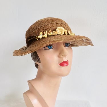 1930's Caramel Woven Straw Small Brim Sun Hat with Flowers Trim Art Deco Era 30's Spring Summer Millinery Flapper Hats Great Gatsby 