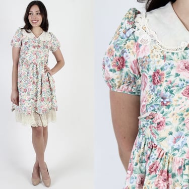Romantic Tiny White Flower Dress / Vintage 80s Country Prairie Dress / Scallop Wide Lace Collar Mini Dress 