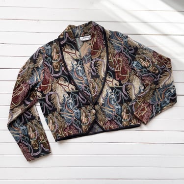 tapestry jacket 90s vintage Side Saddle horse novelty print woven cropped coat 