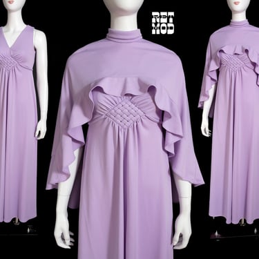 Gorgeous Vintage 70s Pastel Purple Maxi Dress with Matching Ruffled Cape 