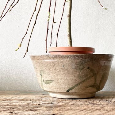 Large Antique Stoneware Tan Bowl Green | Handmade | Large Fruit Bowl | Crazing Distressed Modern Farmhouse | Primitive | Found 