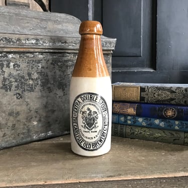 19th C Ginger Beer Bottle, English Stoneware Pint, Extra Double Stout, 1800s, Carlisle Brewery Trade Mark, Potters Stamp 