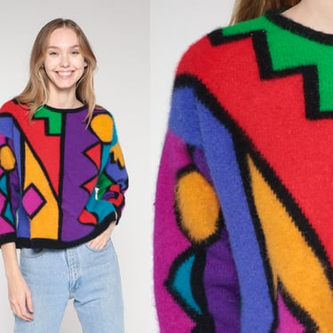 Statement Sweater 80s 90s Angora Wool Blend Geometric Knit Sweater Colorful Abstract Print Pullover Jumper Red Purple Green Vintage Medium M 