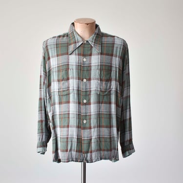 MacPhergus Plaid Rayon Shirt / Vintage 50s 60s Menswear Shirt / Vintage Loop Collar Shirt / Green Plaid Rayon Button Down / Vtg Mac Phergus 
