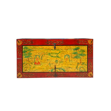 Chinese Tibetan Yellow Buddhism Meditation Graphic Wood Trunk Table cs7306E 