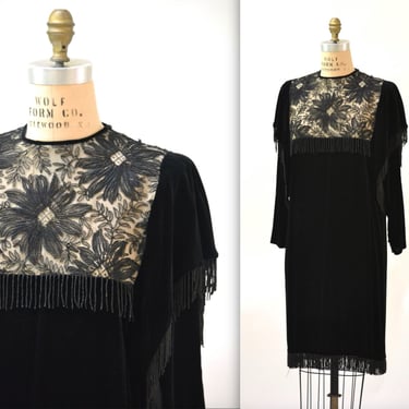 Vintage Black Velvet Dress Flapper Inspired Dress Size Medium Silk// Vintage 80s does 20s Black Beaded Fringe Velvet Dress 