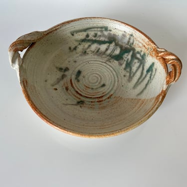 Vintage Organic Texture Studio Pottery Bowl W/ Handles, Signed 