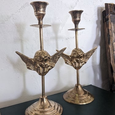 Vintage Brass Cherub Candle Stick Holders 