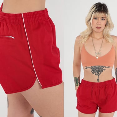 80s Jogging Shorts Red Dolphin Style Shorts White Ringer Stripe Retro Gym Hotpants Short Shorts Drawstring Waist Vintage 1980s Medium 