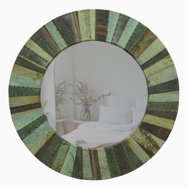 Handcrafted 32 in. Copper Patchwork Round Wall Mirror