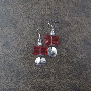 Raw quartz crystal earrings red and silver 2 