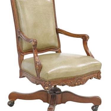 Chair, Office, Swivel, Louis XV Style, Executive, Padded, Nailhead Trim, Vintage