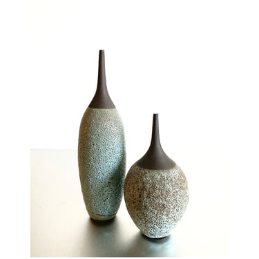 SHIPS NOW- Seconds Sale- set of 2 Stoneware Bottle Vases in Crater Blue Glaze by Sara Paloma Pottery. 