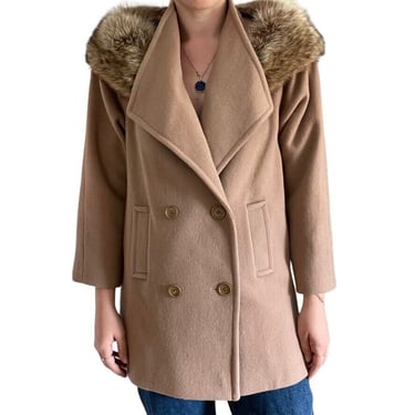 Vintage Womens Pavilion Tan Camel Wool Mid Length Swing Coat Fur Collar Sz M 