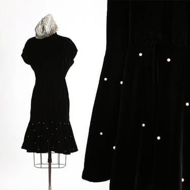 Vintage 80s black velvet peplum beaded pearl cocktail dress 