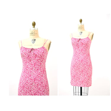 90s 2000s y2k Vintage Cotton Tank Dress With Pink Floral Print Dress Size Small// 90s Vintage Pink Ditsy Floral Print Knot Front Tank Dress 