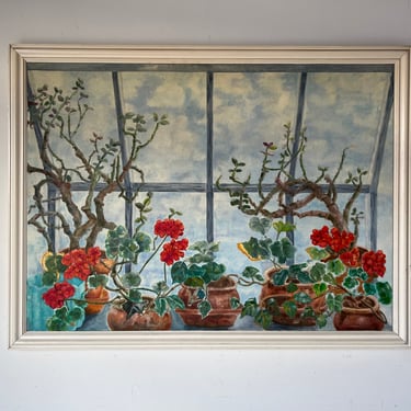 1980's Toni Dalton Window Flowers Still Life Oil Painting, Framed 