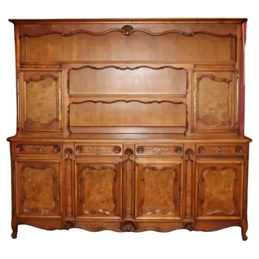 Quality Burled Walnut French Country Louis XV Breakfront China Cabinet