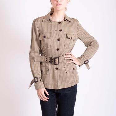 Vintage MOSCHINO Tan Striped Belted Safari Jacket with Grommet Belt + Multi Pocket Utility XS S M Cheap & Chic Y2K 