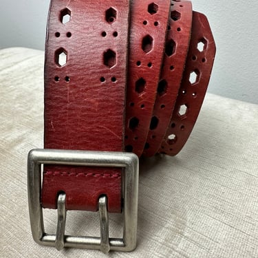 Vintage leather trouser belt~ cutouts ~eyelets Brick red Rock n roll boho~ gender neutral 2 prong open size LG up to 37” waist 