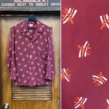 Vintage 1940’s Atomic Pattern Silky Rayon PJ Rockabilly Shirt, 40’s Pajama Top, Vintage Clothing 