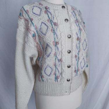 Vintage 80s Wool Blend Cardigan Sweater // Floral Cable Knit 