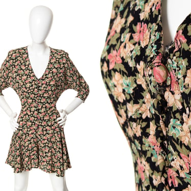 Vintage 1980s Romper | 80s KAREN ALEXANDER Ditsy Floral Print Rayon Crepe Wide Fluttery Skirt-Like Shorts Playsuit (small) 