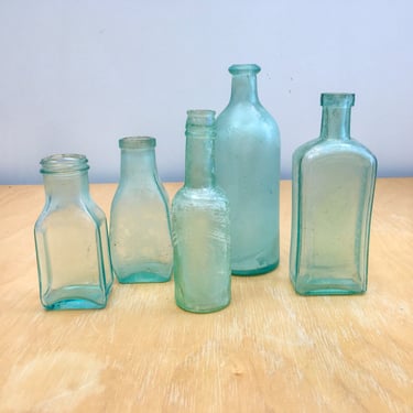 Antique Found Aqua Glass Bottle Collection, Iridescent Turquoise 19th Century 1800s Apothecary Jars, Vintage Farmhouse Decor, Set of 5 