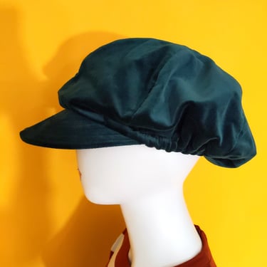 Groovy Vintage 60s 70s Dark Green Velvet Newsboy Cap Hat 