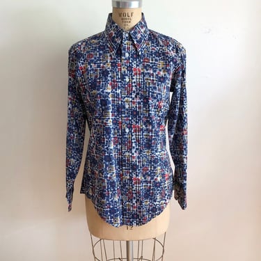 Blue Floral Print Button-Down Shirt - 1970s 