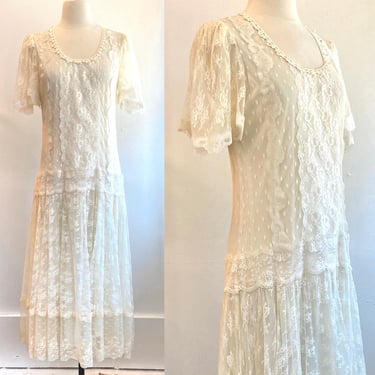 Vintage SHEER LACE 70s 80s Drop Waist Dress / Flutter Sleeves + Full Circle Skirt + Crochet Detail + Slip / Boho Romantic Beach Wedding 
