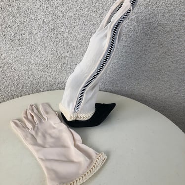 Vintage beige nylon formal gloves cutout trim by Max Mayer's sz 6.5-7 