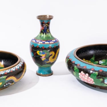 Chinese Cloisonne Enamel Vase &amp; Center Bowls, Set of 3