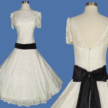 Vintage 80s 20s Cream Lace Black Bow Drop Waist Prom Party Dress Full Skirt Off White Wedding Bridal Gown Flapper Garden Party Victorian 