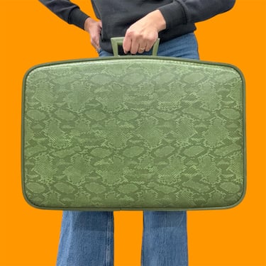 Vintage Suitcase Retro 1950s Mid Century Modern + Green + Faux Snakeskin + Hard Case + MCM + Luggage + Weekend + Travel Accessories 