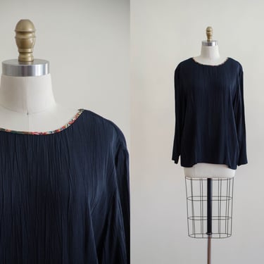 black crinkle blouse | 90s long sleeve rayon vintage shirt 
