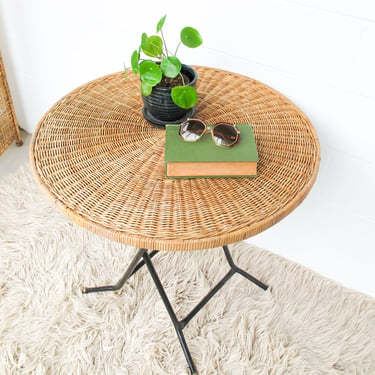 Folding Midcentury Rattan Table with Metal Base 