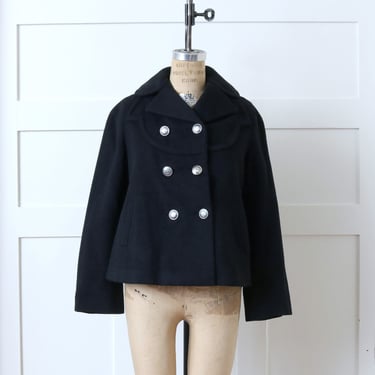 vintage 1960s mod wool jacket • stylized short black boxy double breasted designer coat 